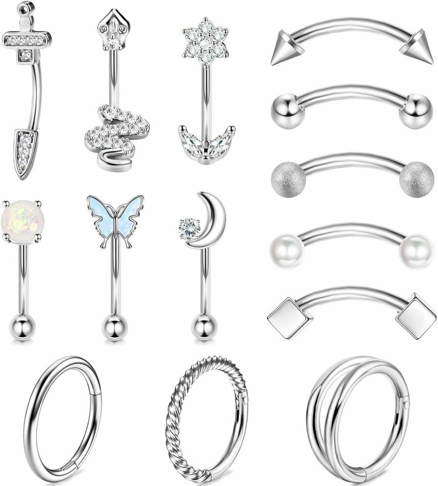 ORAZIO Orazio 14 Pcs Rook Piercing Jewelry Surgical Steel Eyebrow Piercing 16G Rook Earrings For Women Curved Barbells Eyebrow Rings Belly Lip Ring Cartilage Daith Helix Tragus Body Piercings | Body Piercing Rings