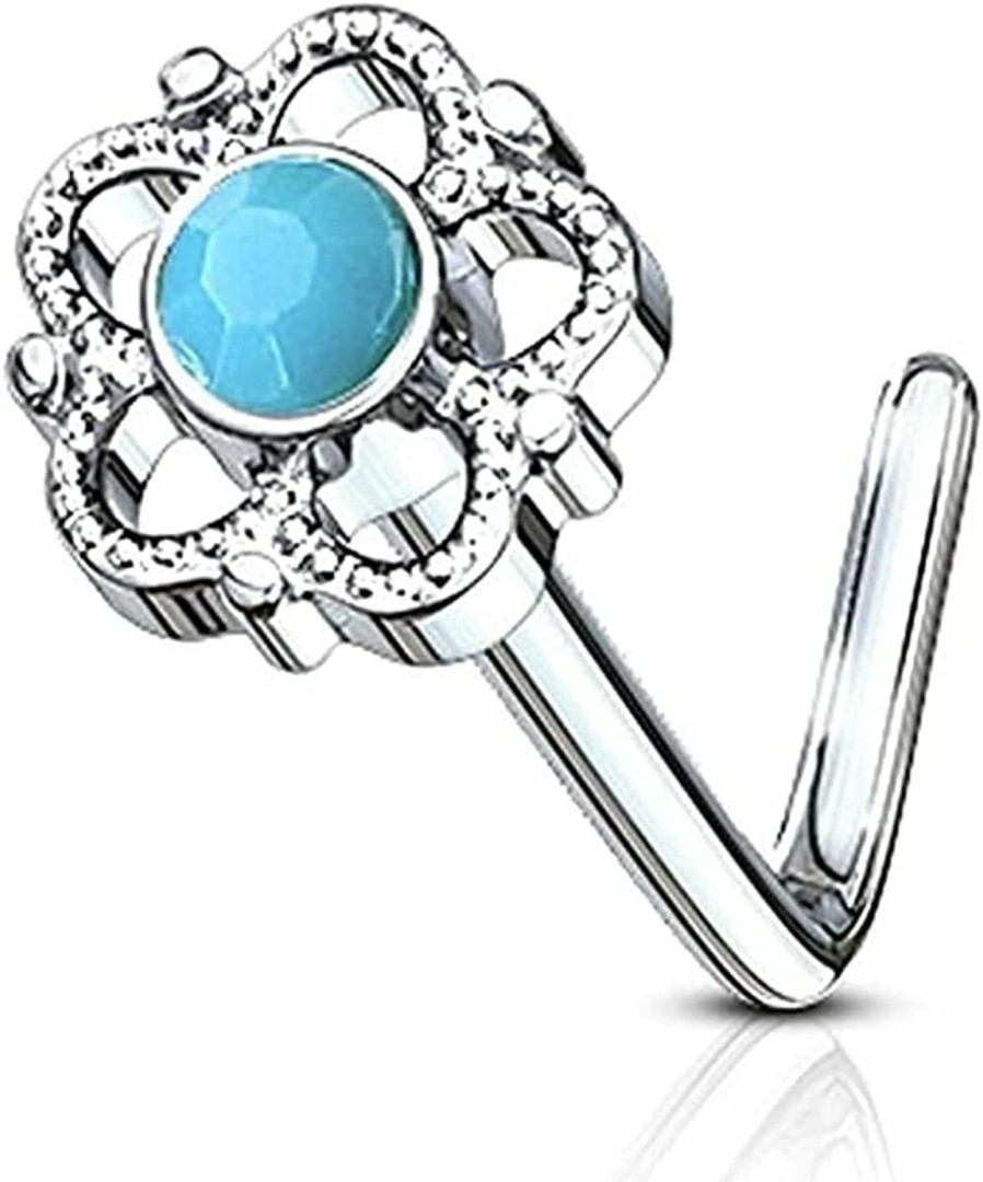 Amelia Fashion Amelia Fashion 20 Gauge Turquoise Center Flower Filigree L Bend Nose Stud 316L Surgical Steel | Body Piercing Rings