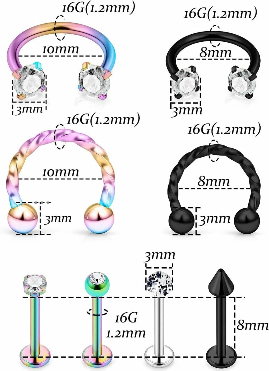 Vsnnsns Vsnnsns 16G Lip Rings Stainless Steel Horseshoe Labret Monroe Lip Rings Nail Cartilage Tragus Helix Earrings Studs Septum Ring Medusa Piercing Jewelry Retainer 8Mm 38Pcs | Body Piercing Rings