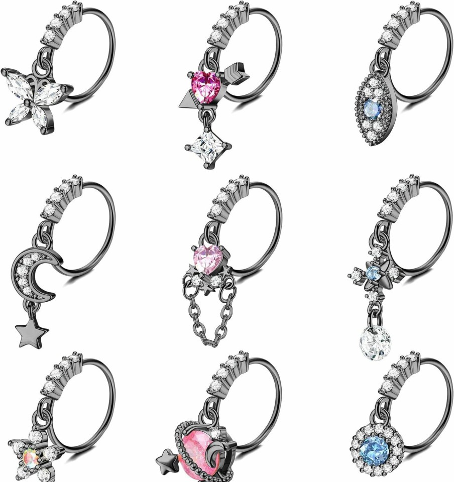 JOERICA Joerica 9 Pcs 20G Dangle Nose Rings Hoops For Women Butterfly Heart Arrow Evil Eye Moon Star Cz Dangle Nose Rings Cartilage Earring Dangling Nose Piercing Jewelry | Body Piercing Rings