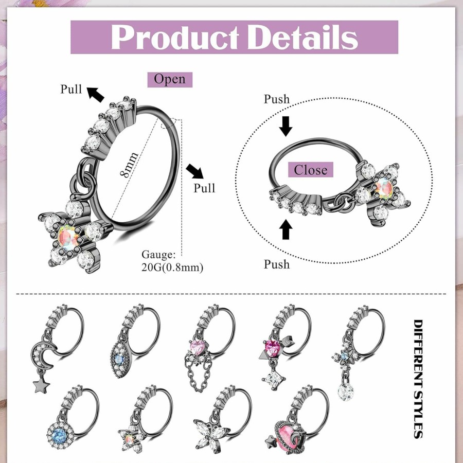 JOERICA Joerica 9 Pcs 20G Dangle Nose Rings Hoops For Women Butterfly Heart Arrow Evil Eye Moon Star Cz Dangle Nose Rings Cartilage Earring Dangling Nose Piercing Jewelry | Body Piercing Rings