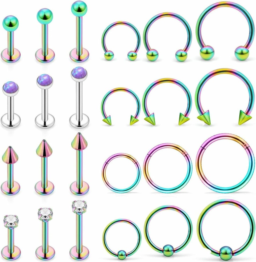 Ovxznts Ovxznts 24Pcs Assorted Size 16G Lip Rings For Women Men Surgical Steel Medusa Piercing Jewelry Labret Studs Cz Diamond Opal Daith Tragus Forward Helix Earrings Septum Rings | Body Piercing Rings