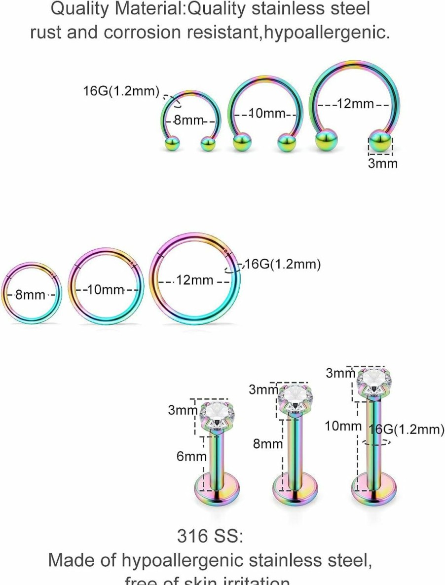 Ovxznts Ovxznts 24Pcs Assorted Size 16G Lip Rings For Women Men Surgical Steel Medusa Piercing Jewelry Labret Studs Cz Diamond Opal Daith Tragus Forward Helix Earrings Septum Rings | Body Piercing Rings