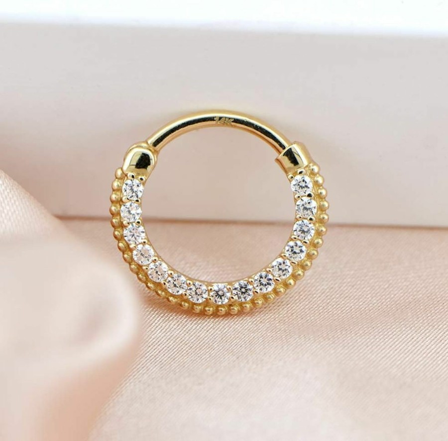 OUFER Oufer 14K Solid Gold Septum Piercing Hoop 16G Daith Earrings Hoop Clear Cz Paved Daith Septum Clicker Hoop 10Mm Inner Diameter | Body Piercing Rings