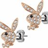 Pierce2GO Playboy Limited Edition 316L 20G Surgical Steel Rose Gold Cz Stone With Black Eye Bunny Earring Studs | Body Piercing Rings