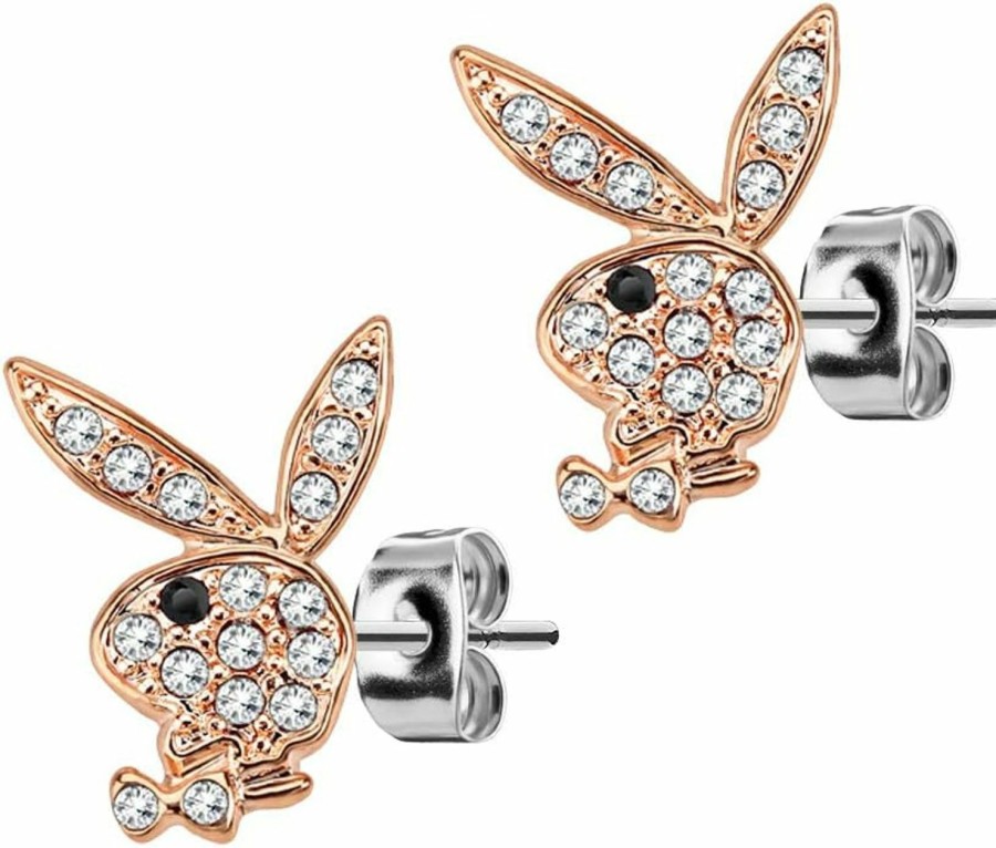 Pierce2GO Playboy Limited Edition 316L 20G Surgical Steel Rose Gold Cz Stone With Black Eye Bunny Earring Studs | Body Piercing Rings