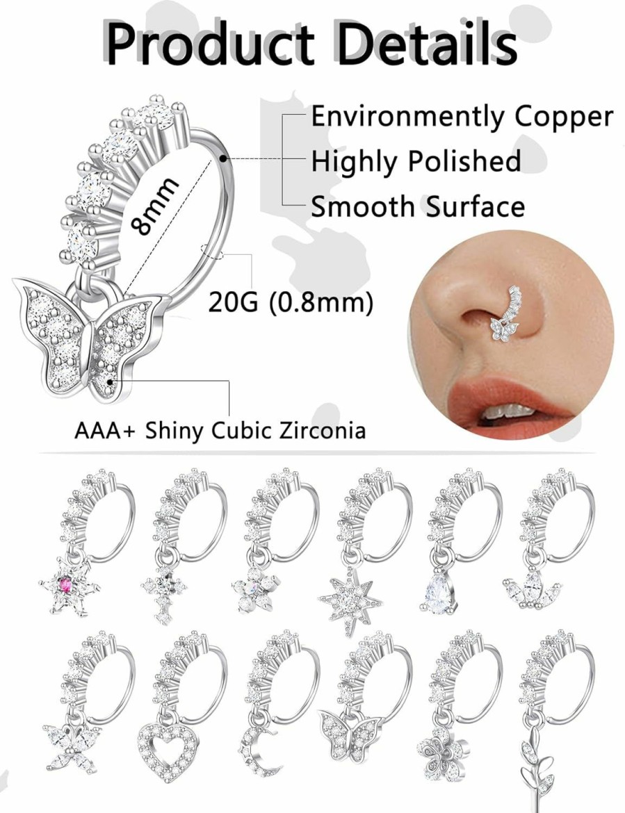 Akeoqi Akeoqi 12Pcs Nose Ring Hoop Cartilage Earring Cute Leaf Star Cz Butterfly Paved Nose Piercing Jewelry For Women Men Silver Gold Tone 20G | Body Piercing Rings