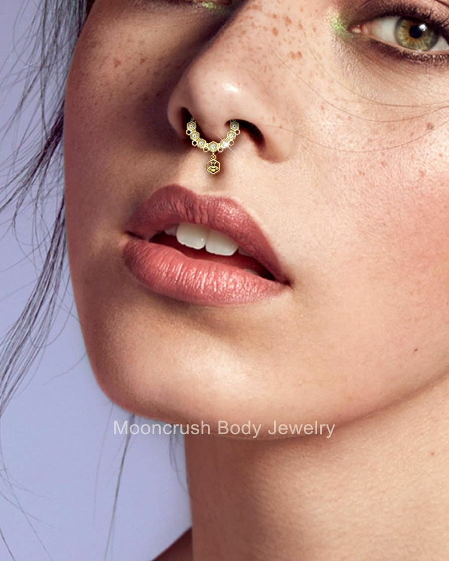 Mooncrush Jewelry Mooncrush Jewelry Dangle Bee Gold Septum Ring 16G Cute Bee Septum Jewelry Dangly Stainless Steel Helix Daith Piercing Jewelry | Body Piercing Rings