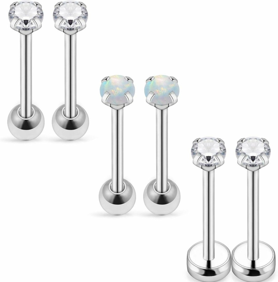 Yaalozei Yaalozei 16G 18G Cartiliage Tragus Earrings Piercing Jewelry 316L Surgical Steel Flat Back Helix Conch Earrings Stud Labret Lip Medusa Rings For Women Cubic Zirconia Opal 3Mm 3Pairs | Body Piercing Rings