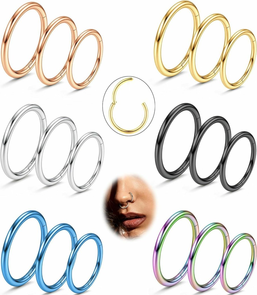 LOLIAS Lolias 18G Nose Rings Hoops 316L Surgical Steel Hinged Nose Rings Clicker Septum Jewelry Silver,Gold,Black,Blue,Color,Rose Gold Tragus Helix Conch Cartilage Hoop Earring 7/8/9Mm | Body Piercing Rings