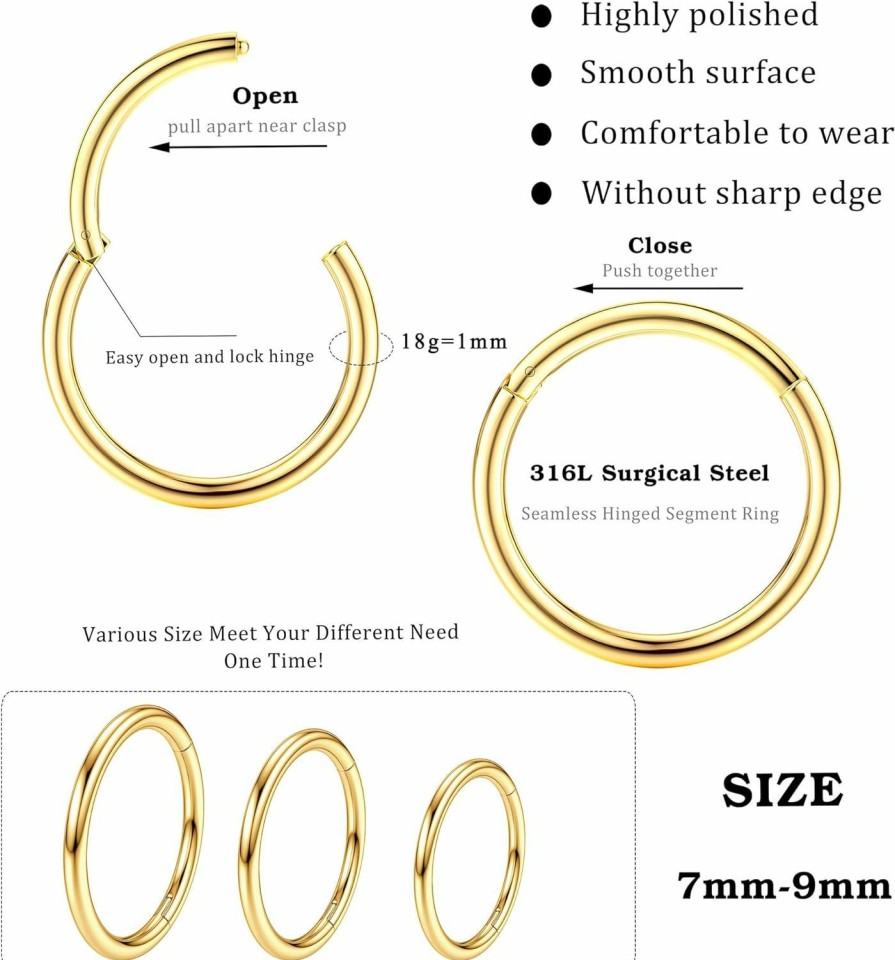 LOLIAS Lolias 18G Nose Rings Hoops 316L Surgical Steel Hinged Nose Rings Clicker Septum Jewelry Silver,Gold,Black,Blue,Color,Rose Gold Tragus Helix Conch Cartilage Hoop Earring 7/8/9Mm | Body Piercing Rings