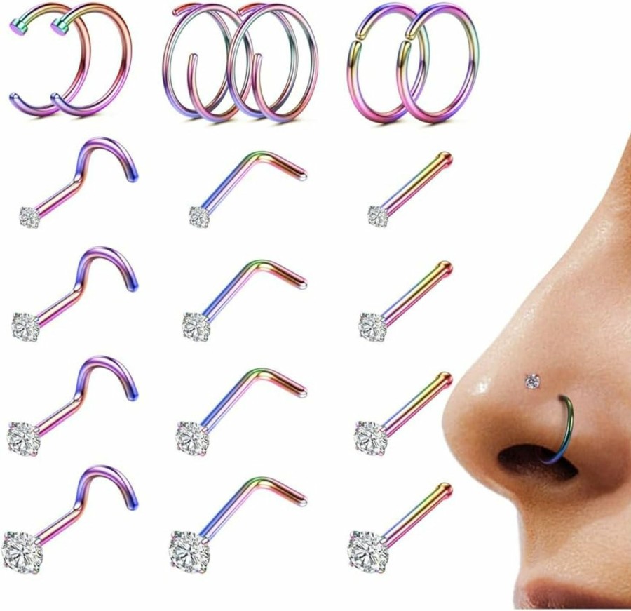 LOYALLOOK Loyallook 18Pcs Nose Rings Studs - 316L Surgical Steel Gold Nose Studs Double Hoop Nose Ring For Women Men 18G/20G Nose Rings Stud Hypoallergenic Nose/Body Piercing Jewelry 1.5Mm 2Mm 2.5Mm 3Mm Clear Cz | Body Piercing Rings