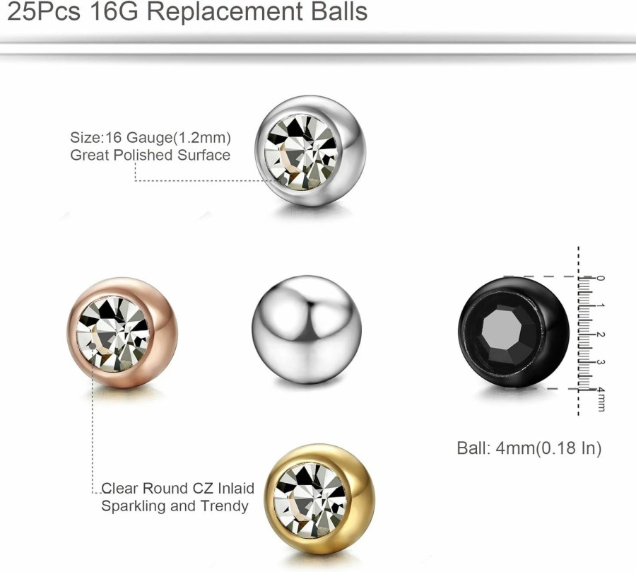 ORAZIO Orazio 25Pcs 14-16G Stainless Steel Replacement Balls Piercing Balls Barbell Parts Jewelry 3-6Mm | Body Piercing Rings