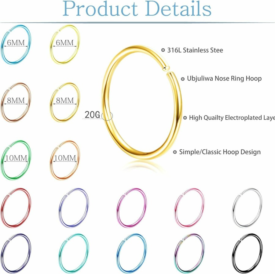 Ubjuliwa Ubjuliwa 48Pcs 20G Nose Rings Hoop For Women Men 316L Stainless Steel Helix Tragus Piercing Lip Septum Rings Cartilage Earring Hoop Piercing Jewelry | Body Piercing Rings