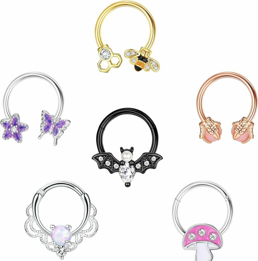 Drperfect Drperfect 6Pcs Septum Jewelry 316L Stainless Steel Septum Ring Horseshoe Daith Earring Hoop 16G Nose Ring Hoop Cute Butterfly Bee Cartilage Tragus Rook Helix Septum Piercing Jewelry For Women | Body Piercing Rings