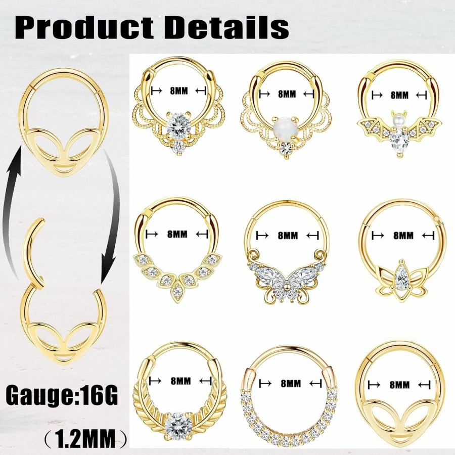 Staligue Staligue 9Pcs 16G Septum Clicker Rings Stainless Steel Hoop Hinged Segment Cz Opal Nose Rings For Women Cartilage Tragus Hoop Helix Daith Earrings Nose Piercing Jewelry 8Mm | Body Piercing Rings