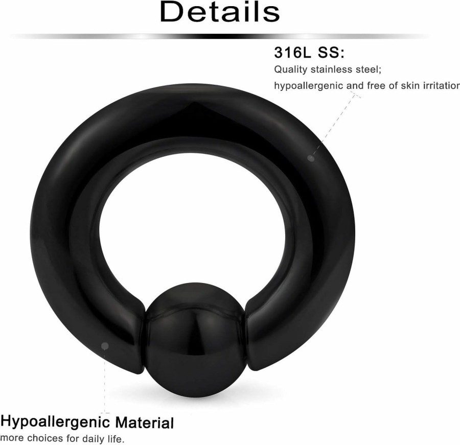 Ftovosyo Ftovosyo Pa Rings Captive Bead Rings Black Spring Action Cbr Screwball Rings Large Septum Ring Ear Gauges Earrings 2G 4G 6G 8G 316L Surgical Steel Pierced Body Jewelry 1Pair | Body Piercing Rings