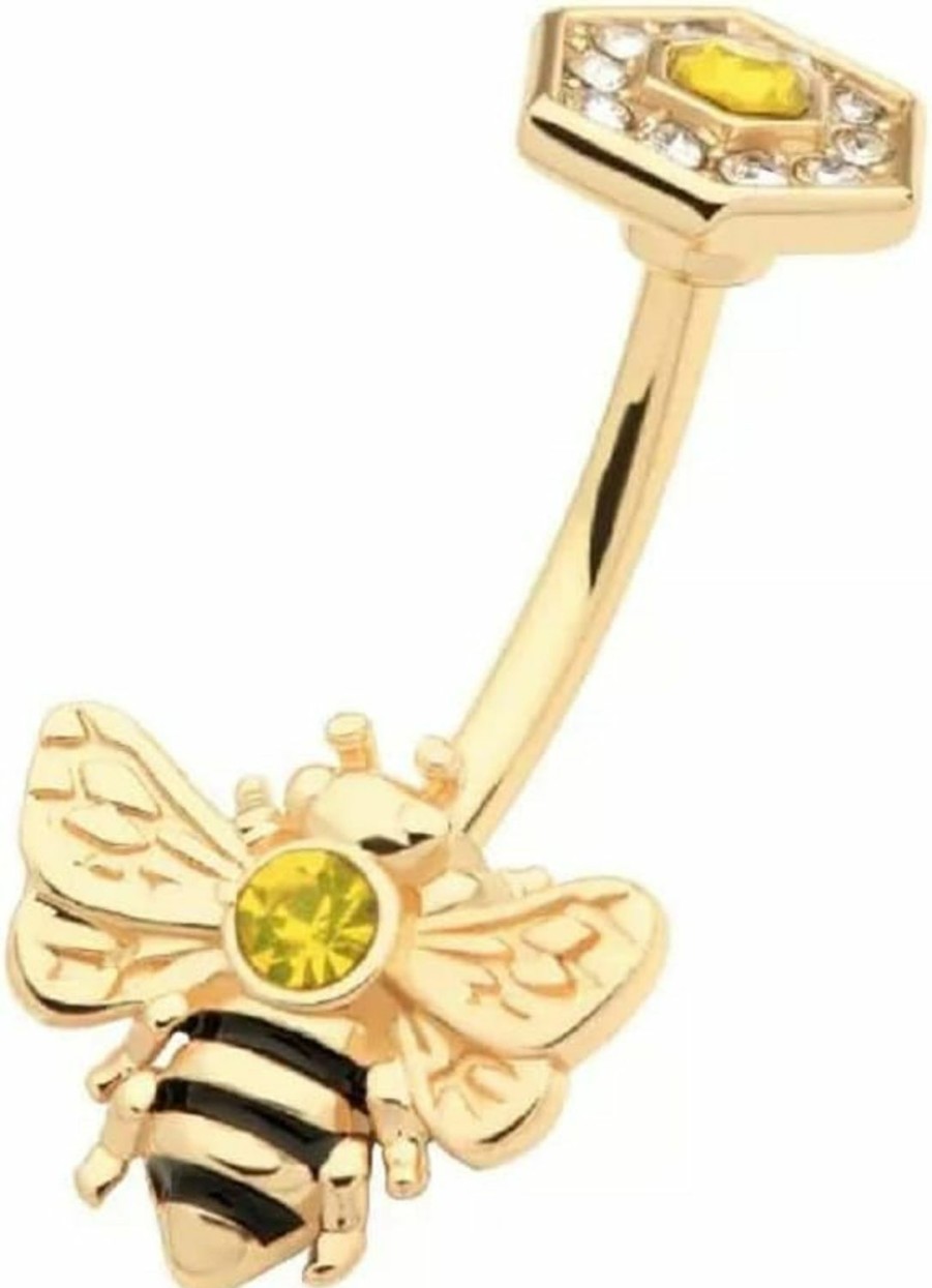 Pierced Owl Pierced Owl 14Ga Gold Tone 316L Stainless Steel Bee With Topaz Cz Crystals Belly Button Ring | Body Piercing Rings