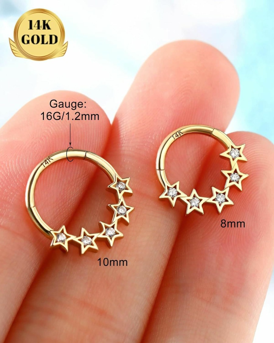 Melighting Melighting 14K Solid Gold Septum Rings 16G Gold Star Septum Jewelry Clear Cz Gold Daith Piercing Jewelry For Women Helix Earrings Gold Tragus Piercing Jewelry | Body Piercing Rings