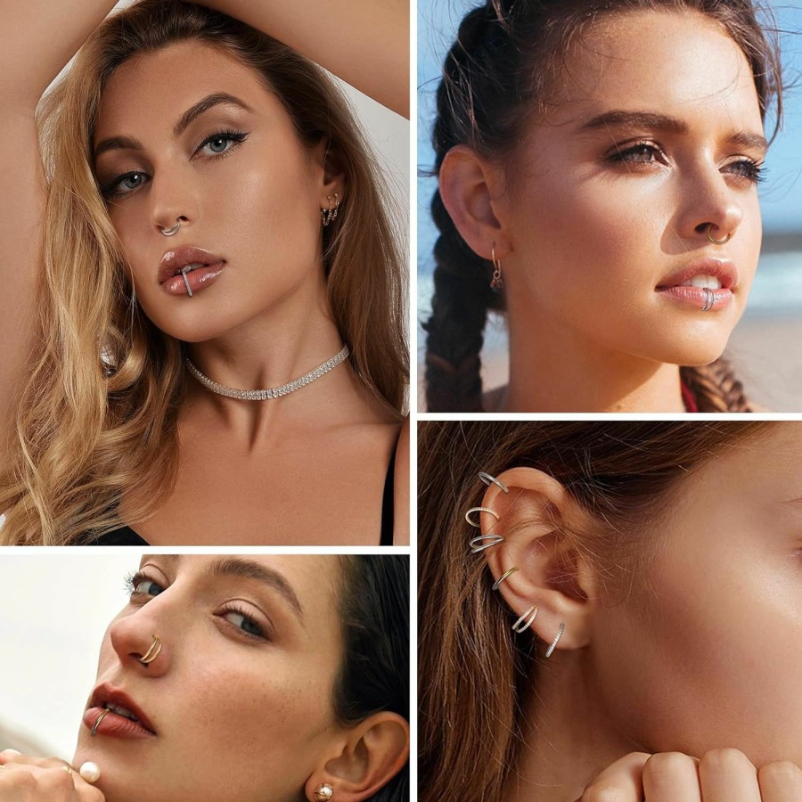 Dochais Dochais 4Pcs 18G Nose Rings Hoops, Surgical Steel Earrings Tragus Septum Piercing Cz Clicker Septum Ring Hinged Segment Septum Conch Lip Cartilage Double Hoops 8Mm 10Mm For Women Men | Body Piercing Rings