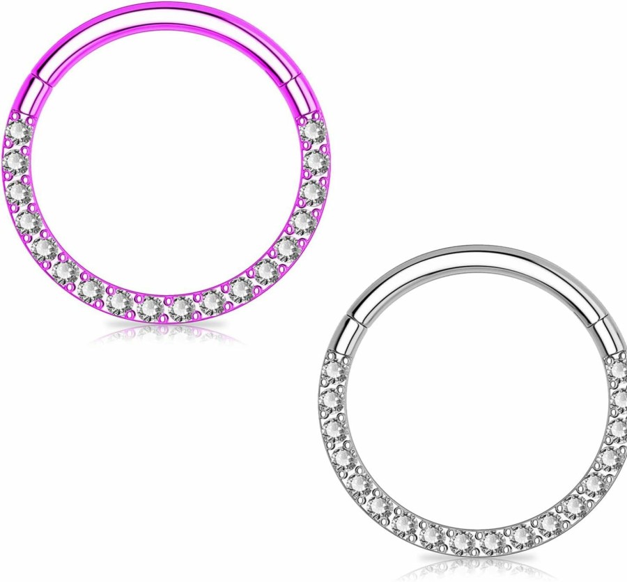 BLISI 2Pcs G23 Titanium Nose Rings Hoop 18G 16G Clear Cz Lined Hypoallergenic Conch Helix Cartilage Daith Earrings Hoop 8Mm 10Mm Septum Rings Silver And Gold Lip Hinged Segment Ring | Body Piercing Rings