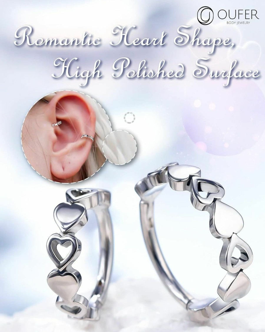 OUFER Oufer 16G Helix Earring Hoops, 316L Stainless Steel Helix Piercing Jewelry, Heart-Shaped Design Cartilage Earrings, Conch Daith Lobe Piercing Jewelry For Women And Men | Body Piercing Rings