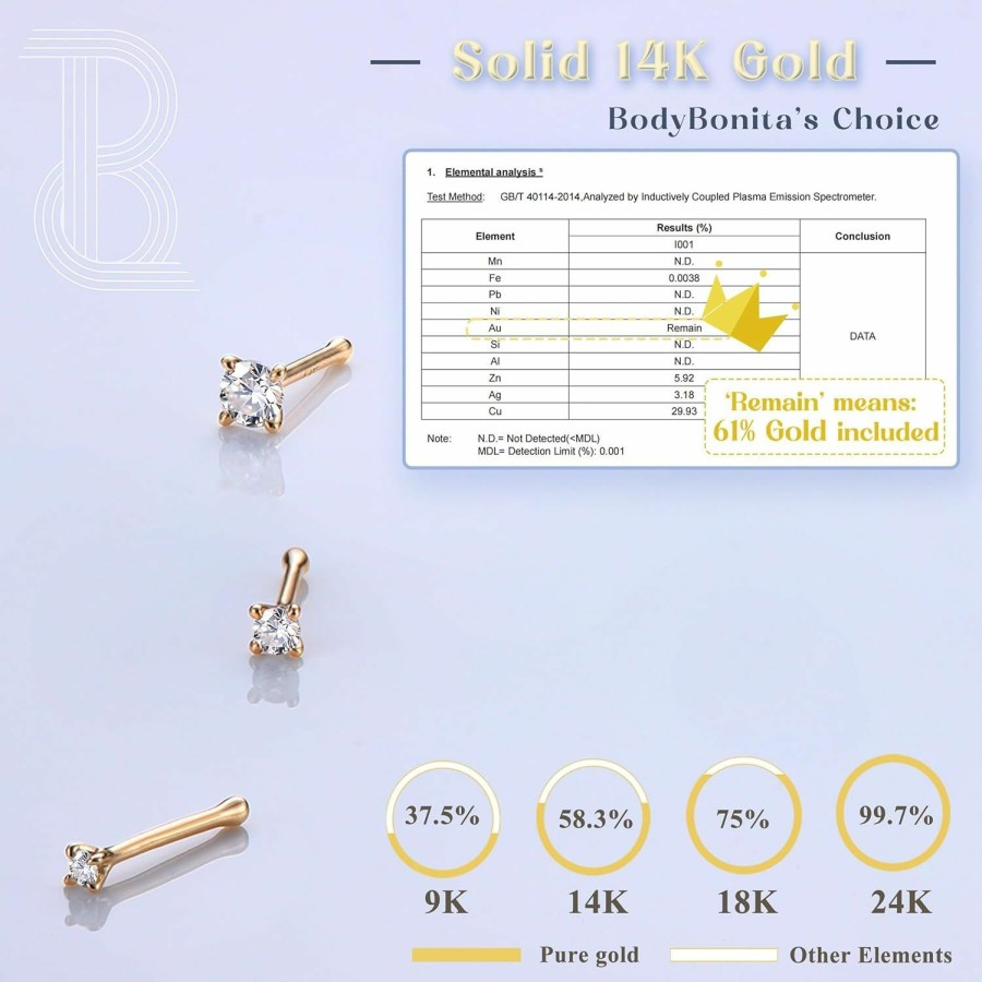 BodyBonita Bodybonita 14K Solid Gold Nose Rings - Twist/Bone Style Nose Stud 18G 20G Screw Shaped Cz Post Hypoallergenic Piercing Jewelry Rings For Women Men 3Mm/2Mm/1.5Mm Cubic Zirconia 7Mm Bar Length | Body Piercing Rings