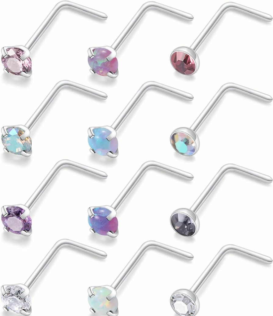 Kridzisw Kridzisw 18G 20G 22G Surgical Steel Nose Rings Studs Cz Opal 1.5Mm 2Mm 2.5Mm 3Mm For Women Men 12Pcs | Body Piercing Rings