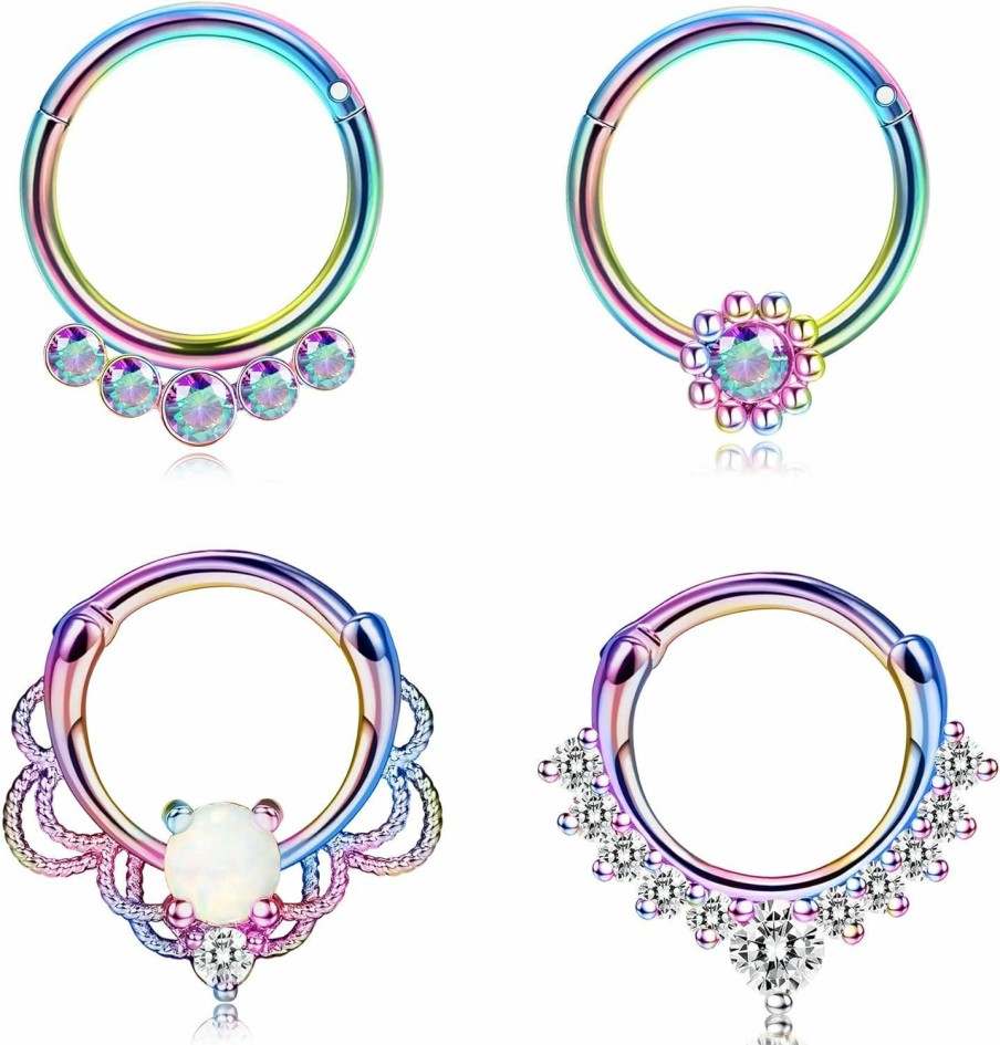 Drperfect Drperfect Septum Jewelry 16G 8Mm 10Mm Septum Ring Silver Rose Gold Black Rainbow Septum Piercing 316L Surgical Steel Hinged Opal Septum Clicker | Body Piercing Rings