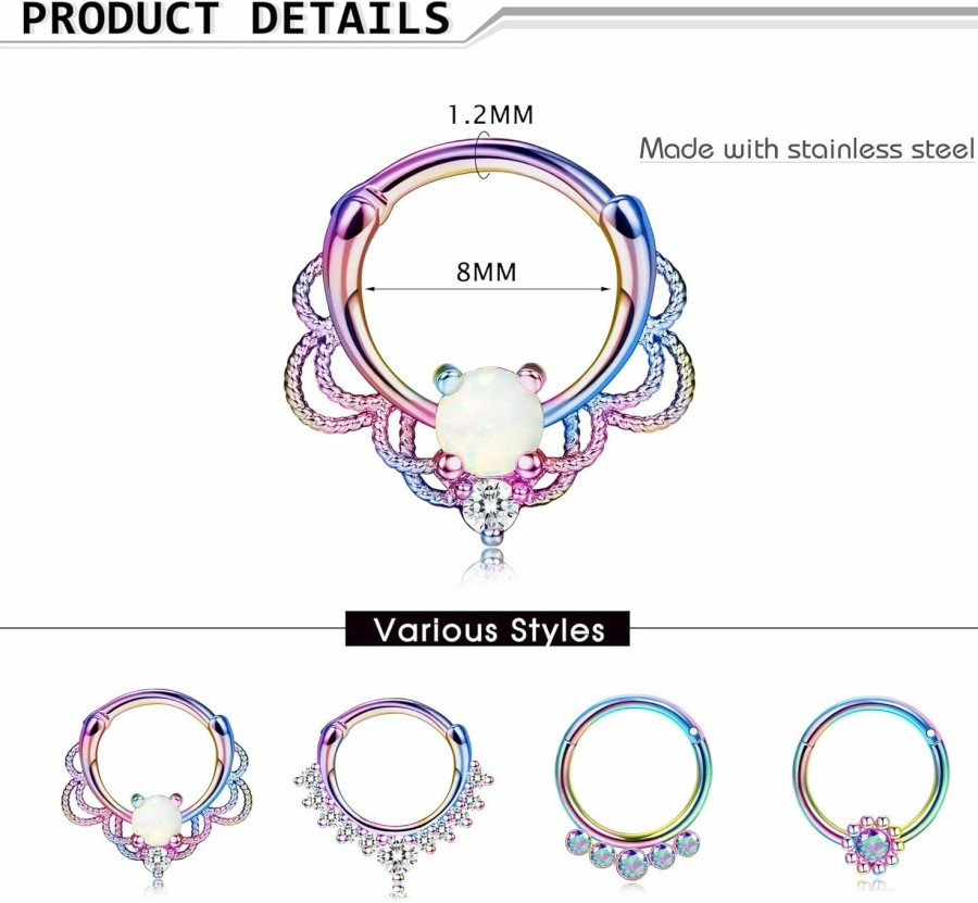 Drperfect Drperfect Septum Jewelry 16G 8Mm 10Mm Septum Ring Silver Rose Gold Black Rainbow Septum Piercing 316L Surgical Steel Hinged Opal Septum Clicker | Body Piercing Rings