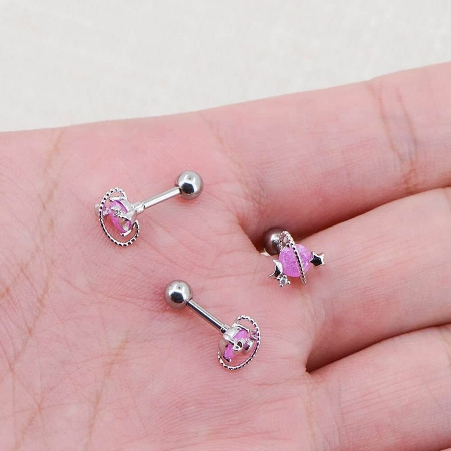 OUFER Oufer 16G Cartilage Earrings, 316L Surgical Steel Helix Earring Studs, Star Moon Pink Stone Saturn Planet Tragus Earrings For Women And Men | Body Piercing Rings