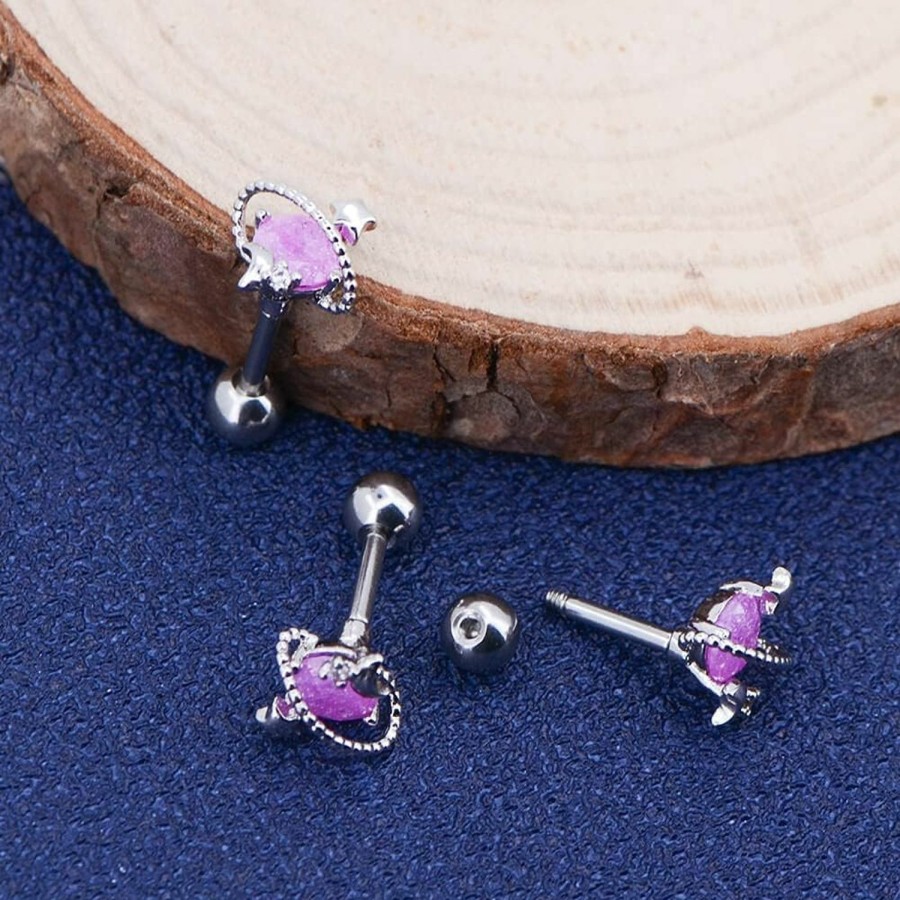 OUFER Oufer 16G Cartilage Earrings, 316L Surgical Steel Helix Earring Studs, Star Moon Pink Stone Saturn Planet Tragus Earrings For Women And Men | Body Piercing Rings