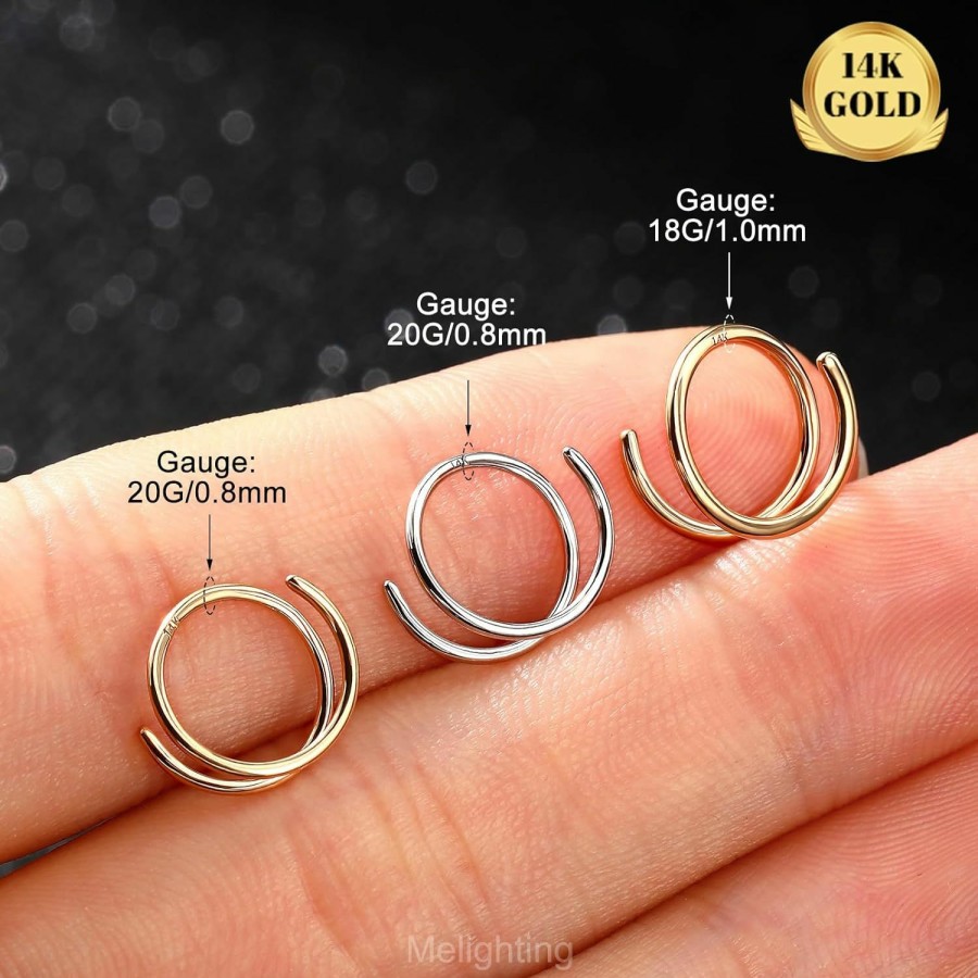 Melighting Meiighting 14K Solid Gold Double Nose Rings Hoop For Single Piercing 20G Twist Nose Ring Double Hoop For Women Nose Piercing Jewelry For Men Nose Hoops | Body Piercing Rings