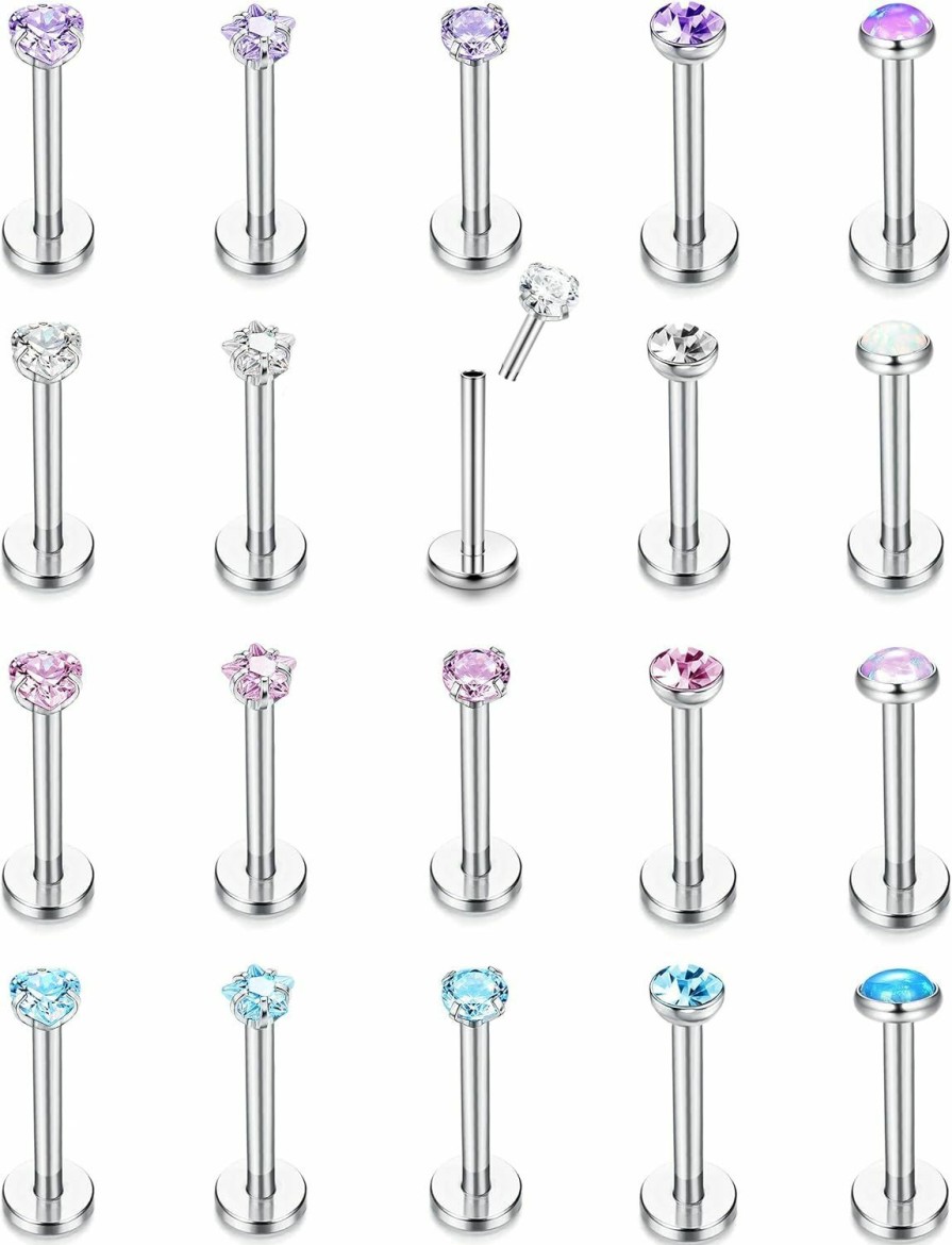 JeryWe Jerywe 20Pcs Threadless Push In Lip Rings 16G Labret Jewelry Cz Lip Studs Stainless Steel Cartilage Earrings For Women Monroe Medusa Piercing Jewelry 6/8Mm Bar Length | Body Piercing Rings