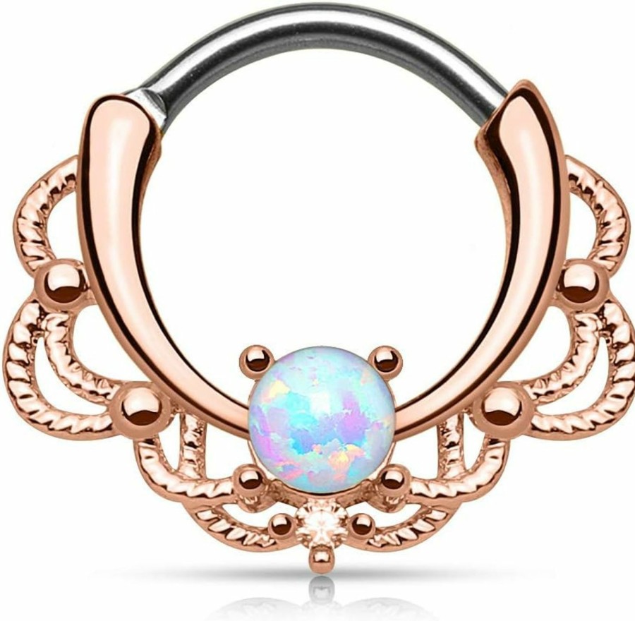 Generic Amelia Fashion 16 Ga Rose Gold With Opal Center Septum/Ear Cartilage Clicker Ring 316L Surgical Steel | Body Piercing Rings