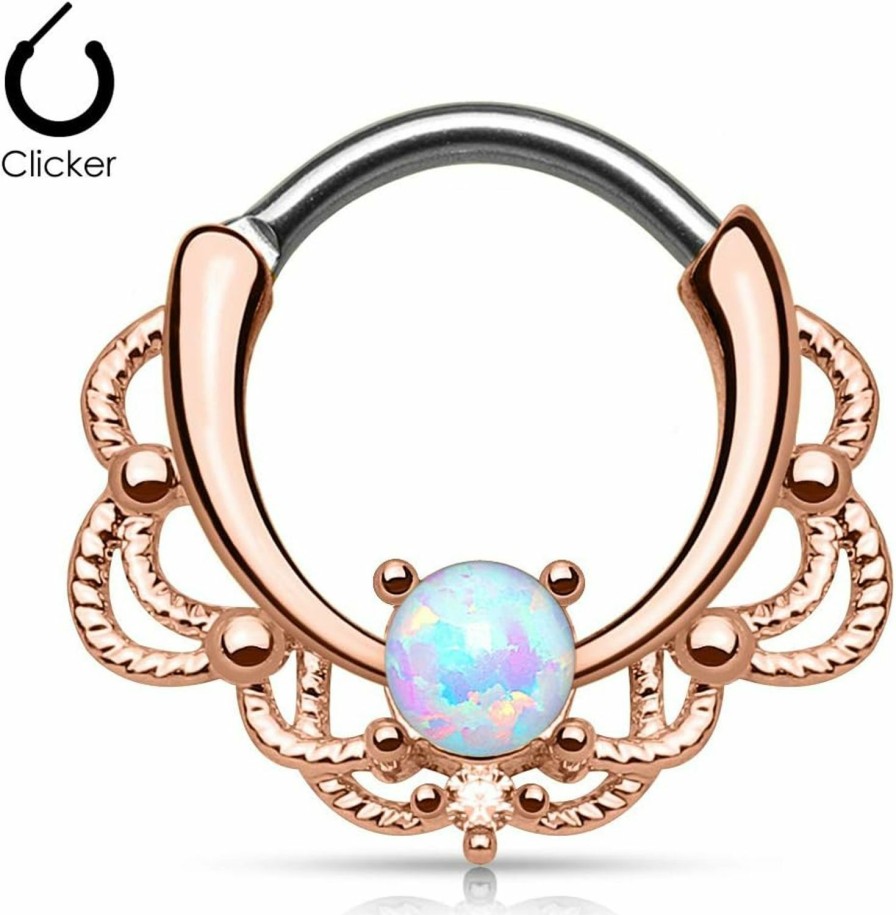 Generic Amelia Fashion 16 Ga Rose Gold With Opal Center Septum/Ear Cartilage Clicker Ring 316L Surgical Steel | Body Piercing Rings