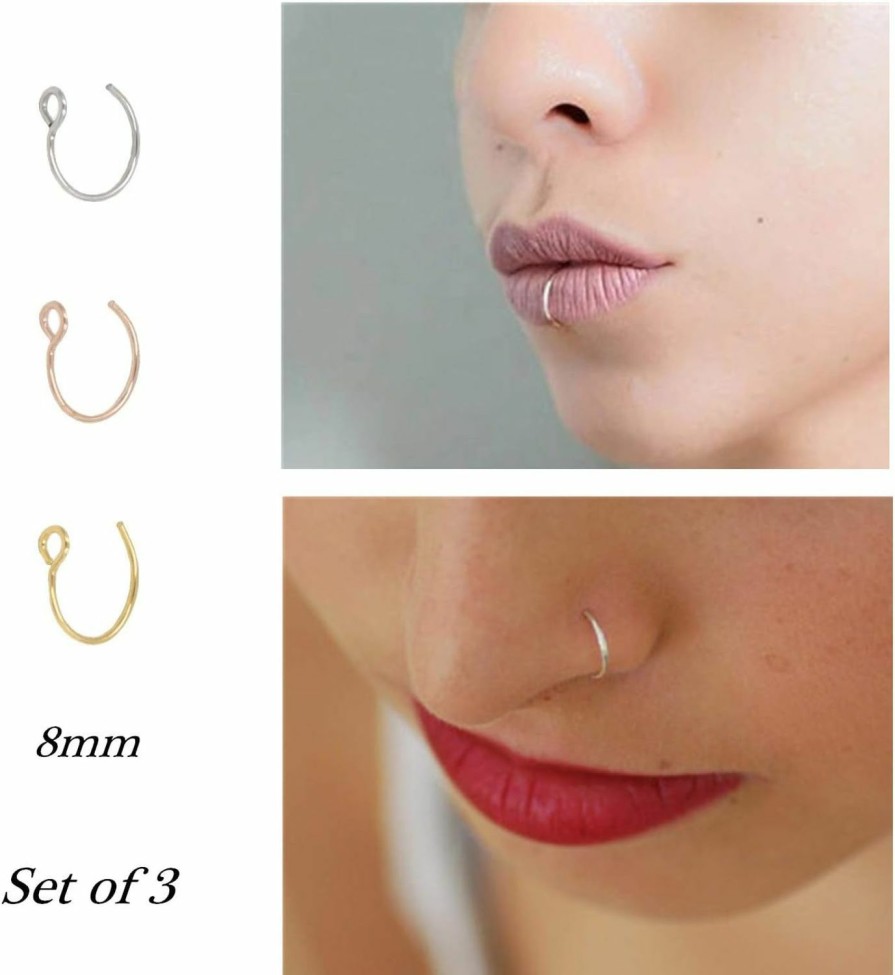 NZDLM Nzdlm Fake Nose Ring Hoop Nose Rings Set Nose Piercing Lip Nose Rings Jewelry For Women Men Girl Gold,Rose Gold,Silver | Body Piercing Rings