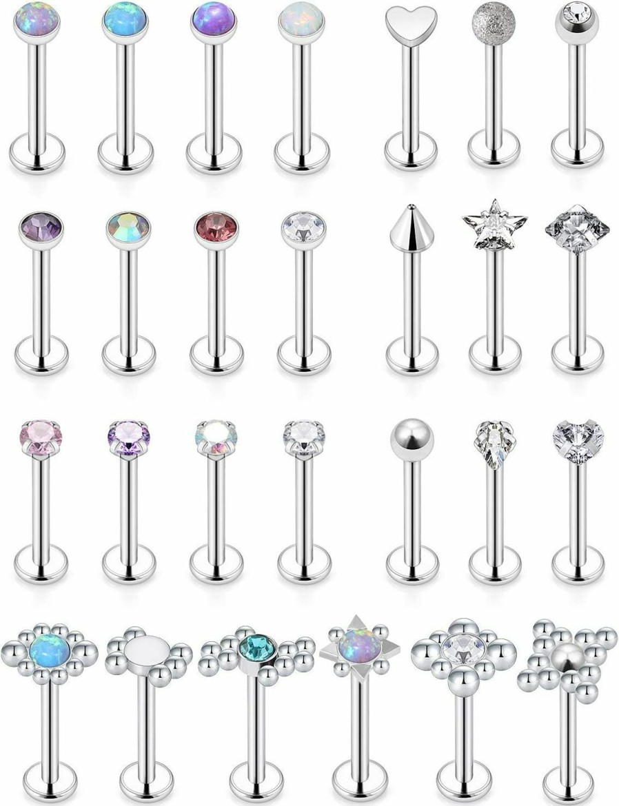 Vsnnsns Vsnnsns 16G Lip Rings Stainless Steel Opal Labret Monroe Lip Rings Nail Cartilage Tragus Helix Earrings Studs Ring Medusa Piercing Jewelry 8Mm 27Pcs | Body Piercing Rings