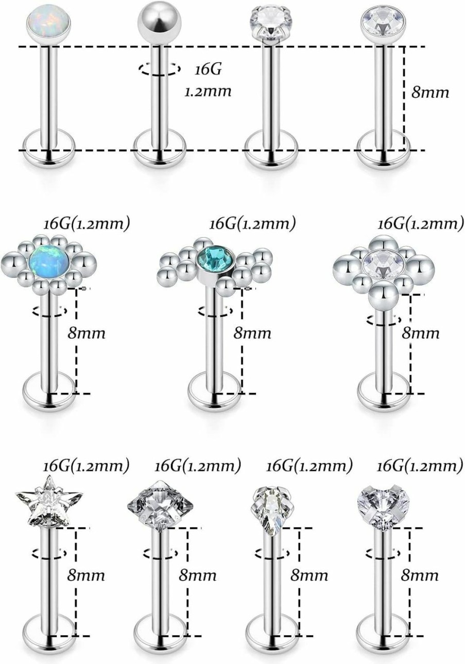 Vsnnsns Vsnnsns 16G Lip Rings Stainless Steel Opal Labret Monroe Lip Rings Nail Cartilage Tragus Helix Earrings Studs Ring Medusa Piercing Jewelry 8Mm 27Pcs | Body Piercing Rings