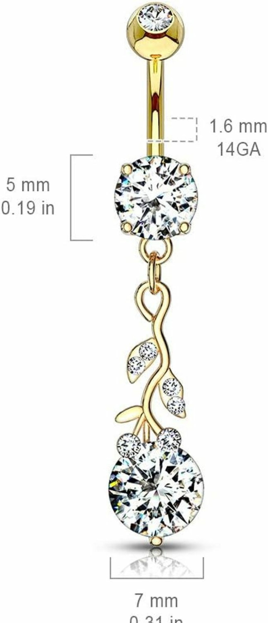 Pierced Owl Pierced Owl - 14Ga Cz Crystal Gemmed Vine And Leaves Dangling Belly Button Ring | Body Piercing Rings