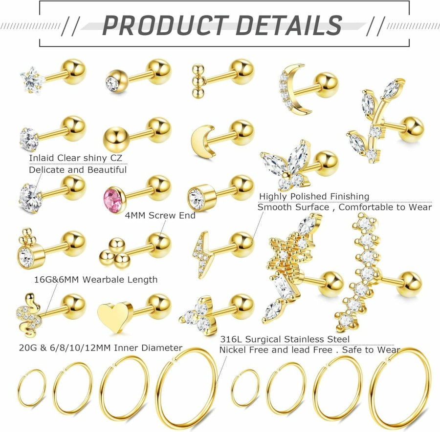 Besteel Besteel 28 Pcs 16G Cartilage Earring Stud Hoop For Women Tragus Stud Earring Cartilage Piercing Jewelry Surgical Steel Forward Helix Earrings Hoop Rook Daith Conch Piercing Jewelry | Body Piercing Rings