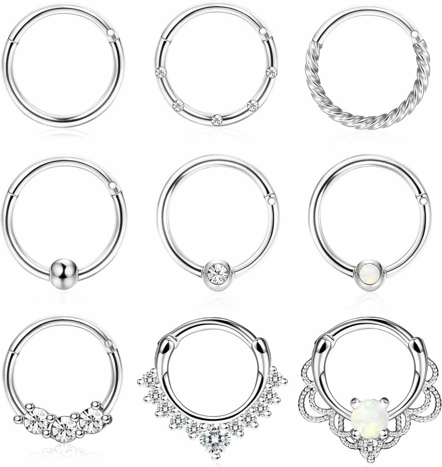 Sanfenly Sanfenly 9Pcs Septum Jewelry 16G Daith Earrings Hoop Nose Ring For Women Men Cz Opal Septum Clicker Hinged Nose Ring 316L Stainless Steel Cartilage Tragus Helix Piercing Jewelry 8Mm 10Mm Septum Rings | Body Piercing Rings