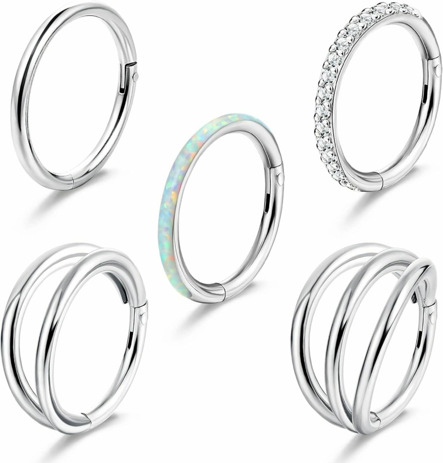 YADOCA Yadoca 5Pcs 18G 16G Surgical Steel Nose Rings Hoops For Women Men Clicker Septum Hinged Segment Lip Nose Rings Helix Cartilage Conch Rook Earrings Cz Opal Body Piercing Jewelry 8Mm 10Mm | Body Piercing Rings