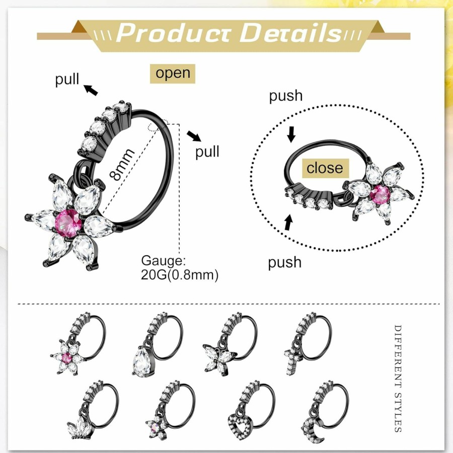 JOERICA Joerica 8 Pcs 20G Dangle Nose Rings Hoops For Women Butterfly Heart Moon Flower Cross Cz Dangle Nose Rings Cartilage Earring Dangling Nose Piercing Jewelry | Body Piercing Rings