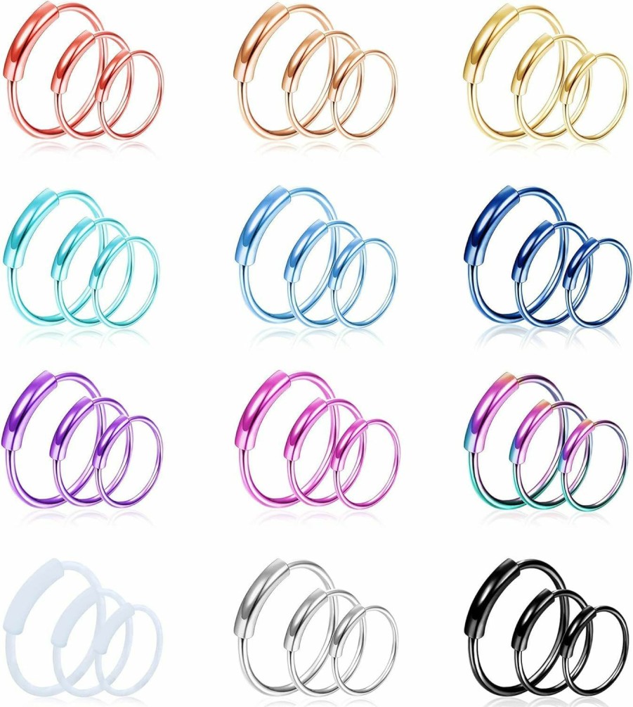 ZZHDCC Zzhdcc 36Pcs Colorful Nose Rings Hoops 316L Surgical Steel Small Hoop Cartilage Piercing For Women Men 6Mm 8Mm 10Mm Lip Hoop Earrings Nose Piercing Jewelry 20G Double Hoop Nose Ring Set | Body Piercing Rings