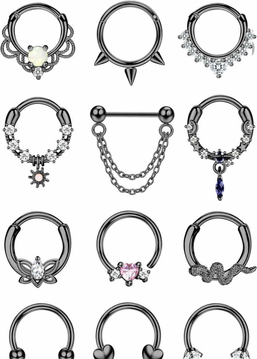 FINREZIO Finrezio 12Pcs Hinged Nose Rings Hoop For Women Men Surgical Steel Dangle Cz Horseshoe Cartilage Daith Helix Hoop Tragus Conch Piercing Jewelry 10Mm | Body Piercing Rings