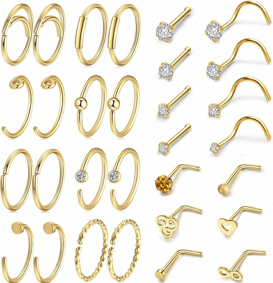 AllerPierce Allerpierce 20G Nose Rings Set 30-40Pcs Bone Screw L Shaped Nose Studs Hypoallergenic Tragus Cartilage Nose Ring Hoop Stainless Steel Nose Piercing Jewelry For Women Men | Body Piercing Rings