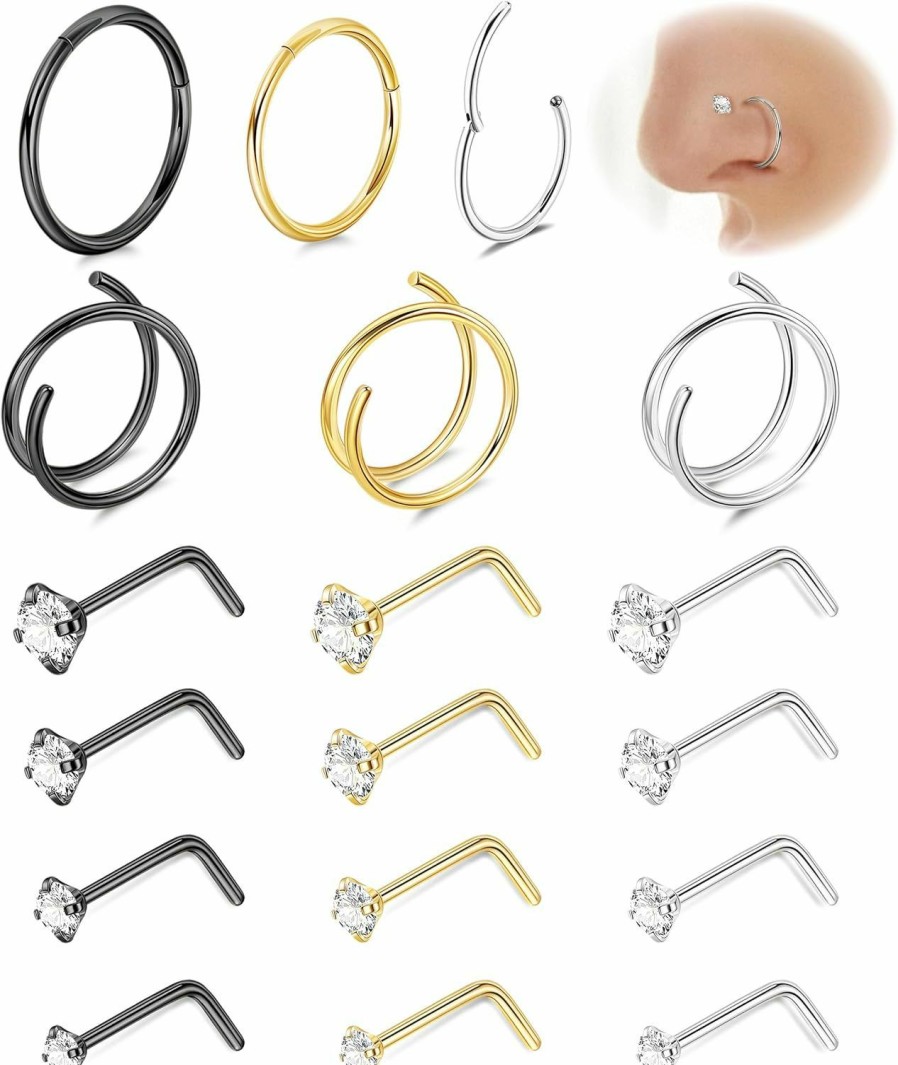 Vegolita Vegolita 18Pcs Surgical Steel 20G Nose Ring For Women Men Clicker Hinged Nose Hoops Cz Nose Stud Double Hoop Nose Ring Nose Piercing Jewelry 8Mm 9Mm 10Mm | Body Piercing Rings