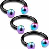 bodyjewellery Bodyjewellery 3Pcs 16G Horseshoe Ring Lip Nose Septum Cartilage Hoop Tragus Forward Helix Black Anodized Steel Rainbow Balls - Pick Size | Body Piercing Rings