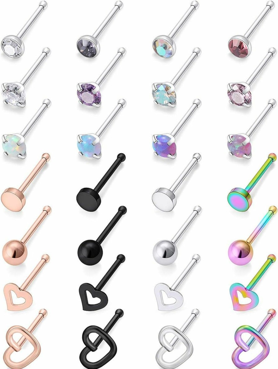 Hoeudjo Hoeudjo 20G Opal Nose Rings Surgical Steel Nose Ring Studs Heart Cz Inlaid Piercing Jewelry For Women Men Girls 28 Pieces | Body Piercing Rings